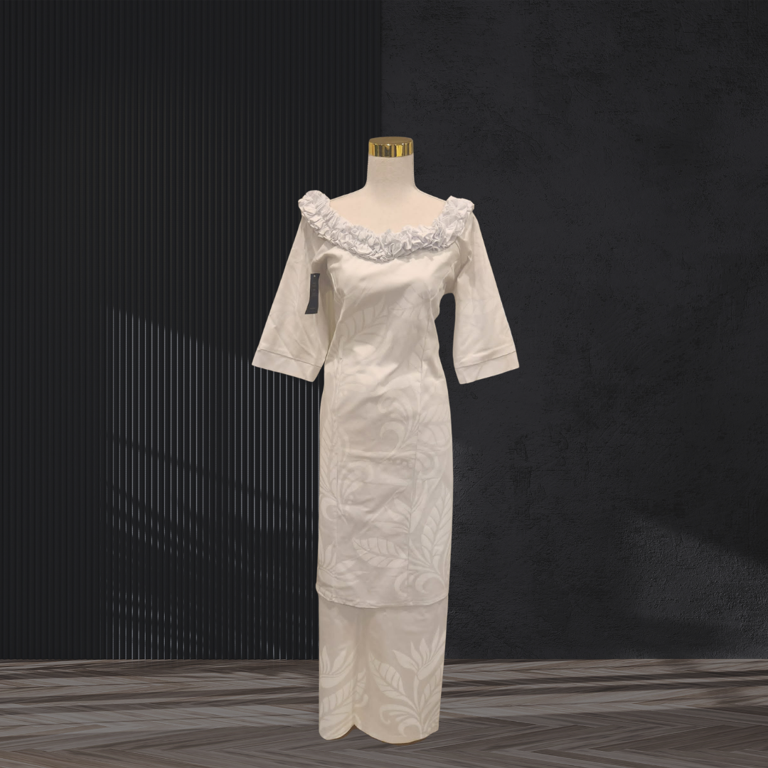 White Floral Ruffle Neckline Puletasi Size 16