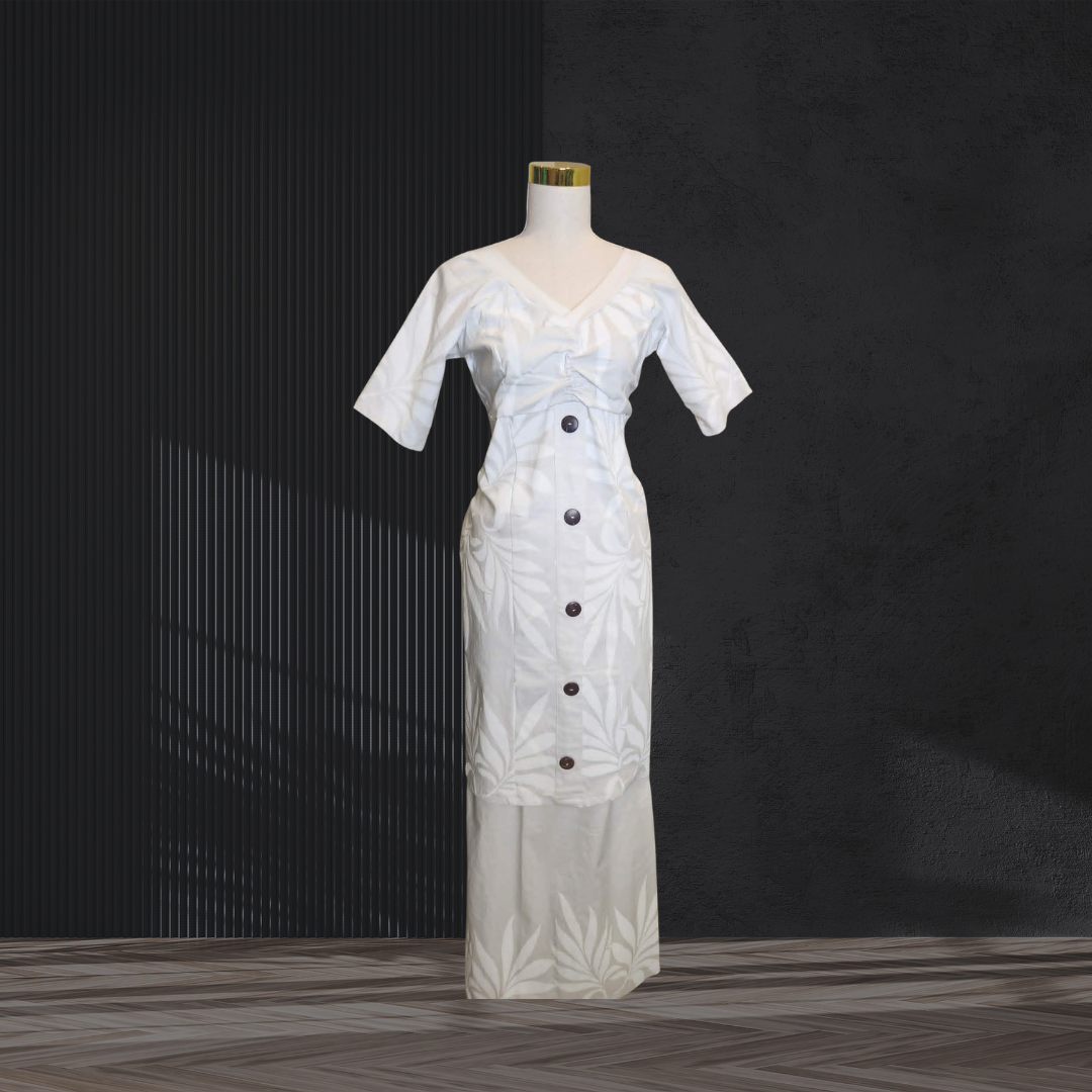 White Leaf Puletasi with Coconut Buttons Size 14