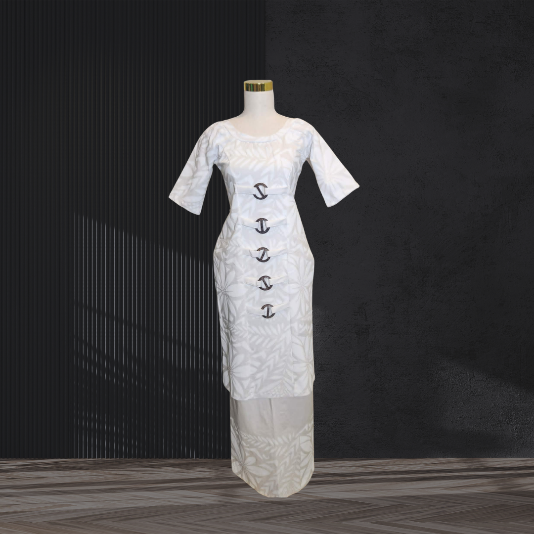 White Floral Puletasi with Coconut Clasp Buttons Size 12