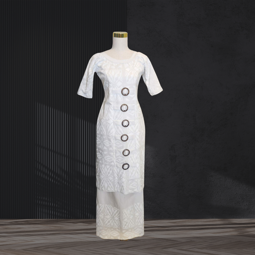 White Geometric Elei Puletasi with Coconut Ring Buttons Size 12