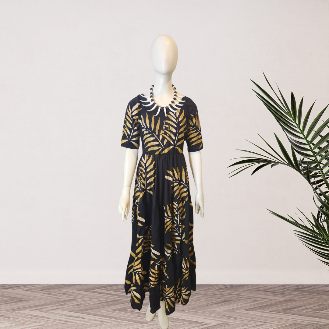 Black & Gold Tropical Leaf Puletasi — Size 16