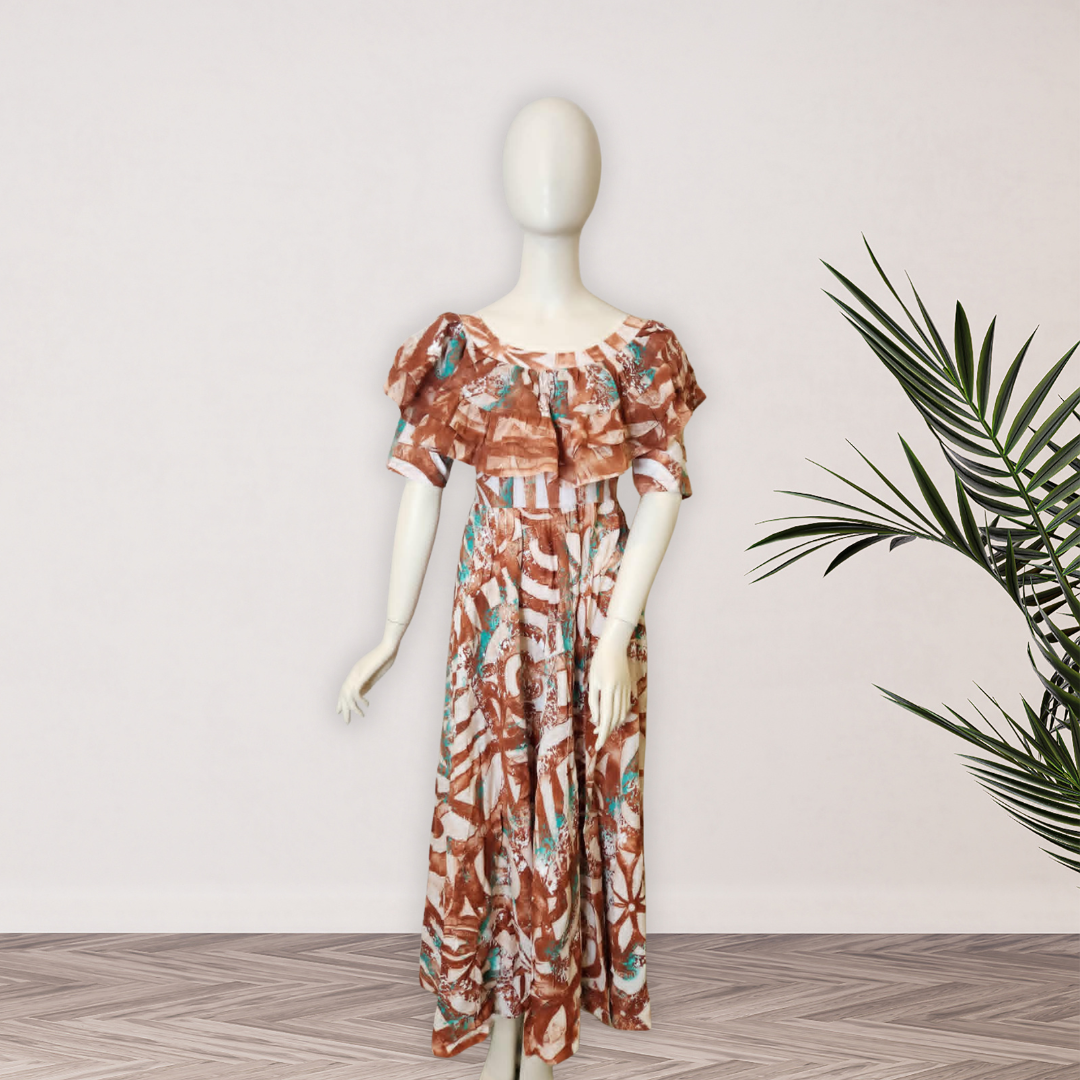 Brown and Teal Elei Ruffle Dress - Size 16