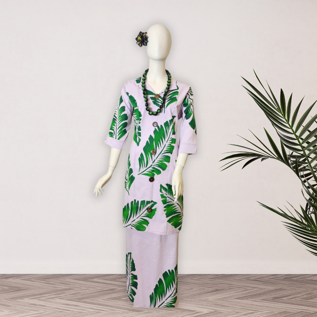 Lilac and Green Tropical Leaf Puletasi - Size 20