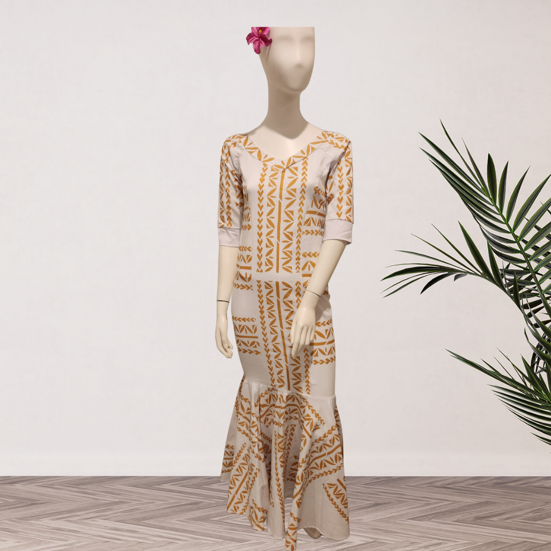 White & Gold Traditional Elei Mermaid Maxi Dress – Size 12