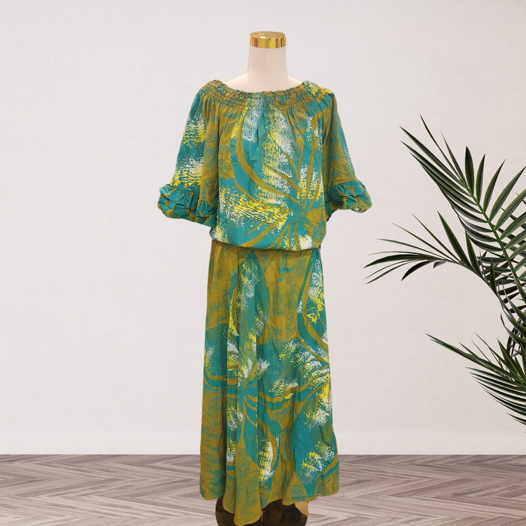 Turquoise & Mustard Tropical Maxi Dress – Size 16