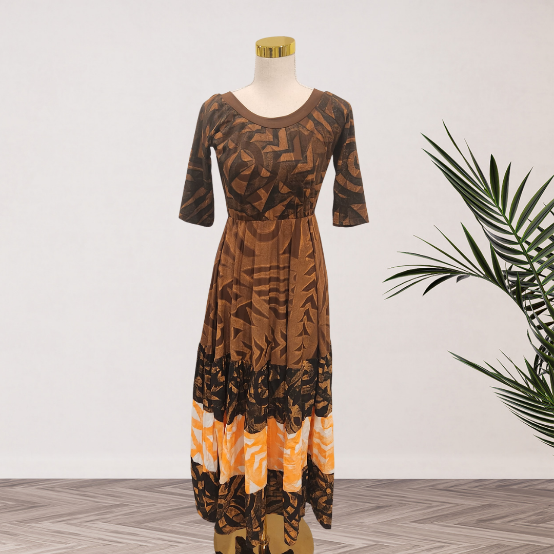 Chocolate Brown & Orange Traditional Elei Maxi Dress – Size 12