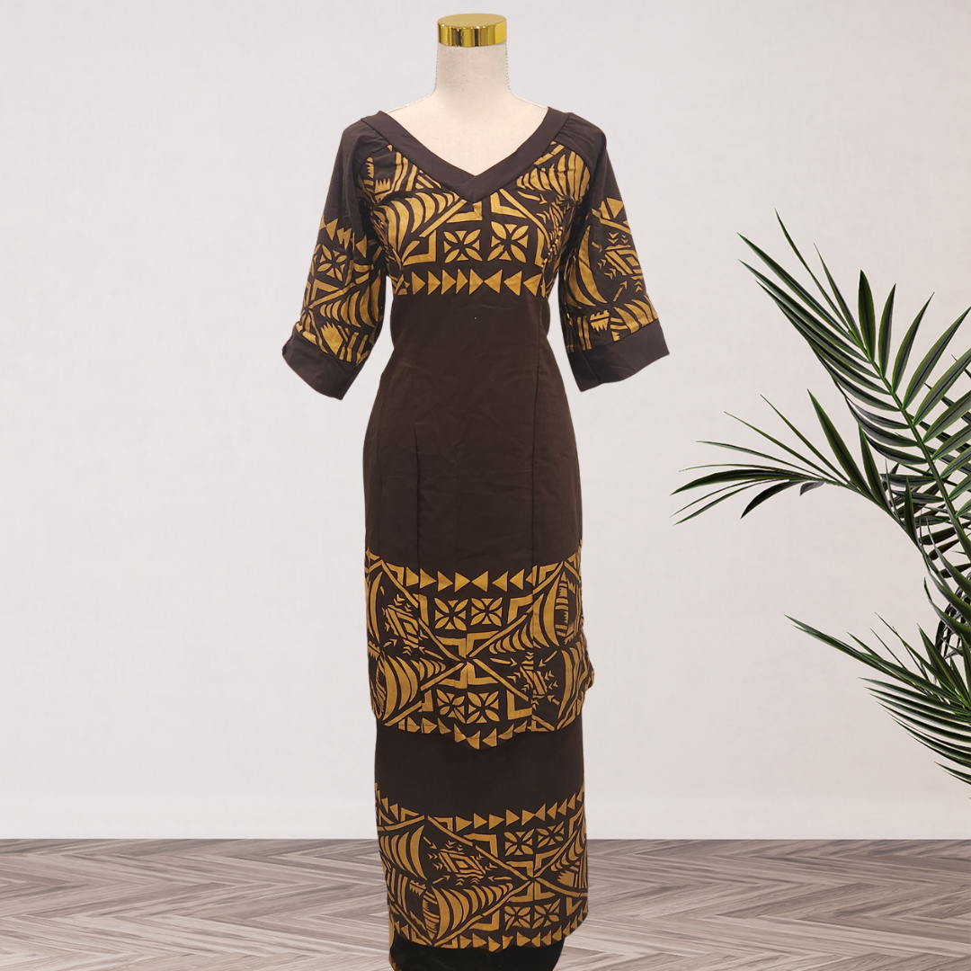 Chocolate Brown & Gold Traditional Elei Puletasi Size 18