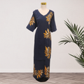 Navy Blue & Gold Orange Leaf Elei Puletasi Size 24