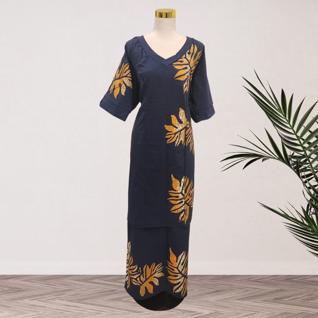 Navy Blue & Gold Orange Leaf Elei Puletasi Size 24
