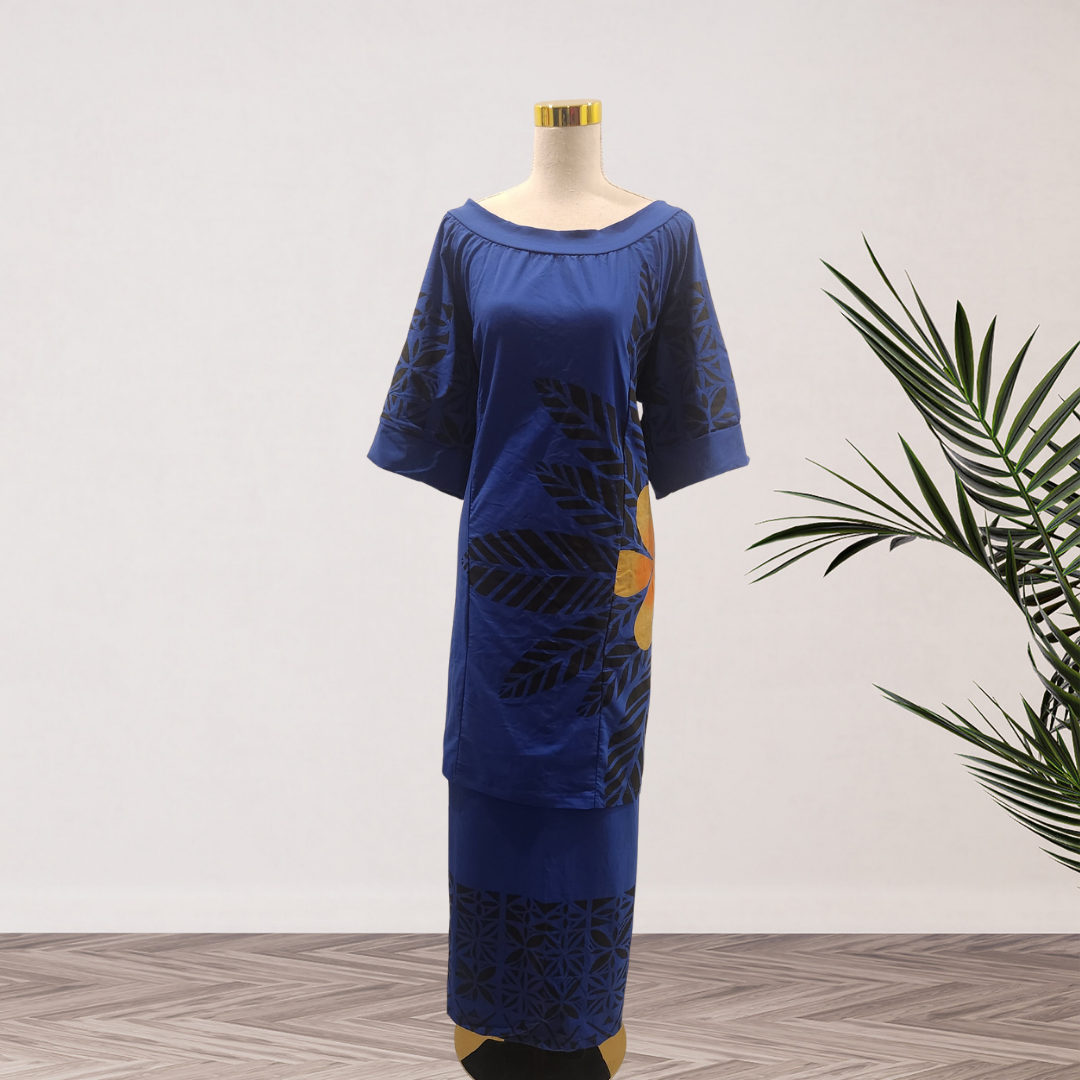 Royal Blue & Black Tropical Leaf Elei Puletasi – Size 24