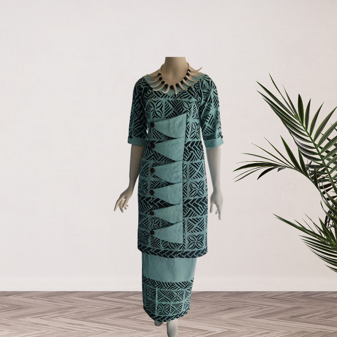 Mint & Navy Zigzag Siapo Puletasi - Size 14