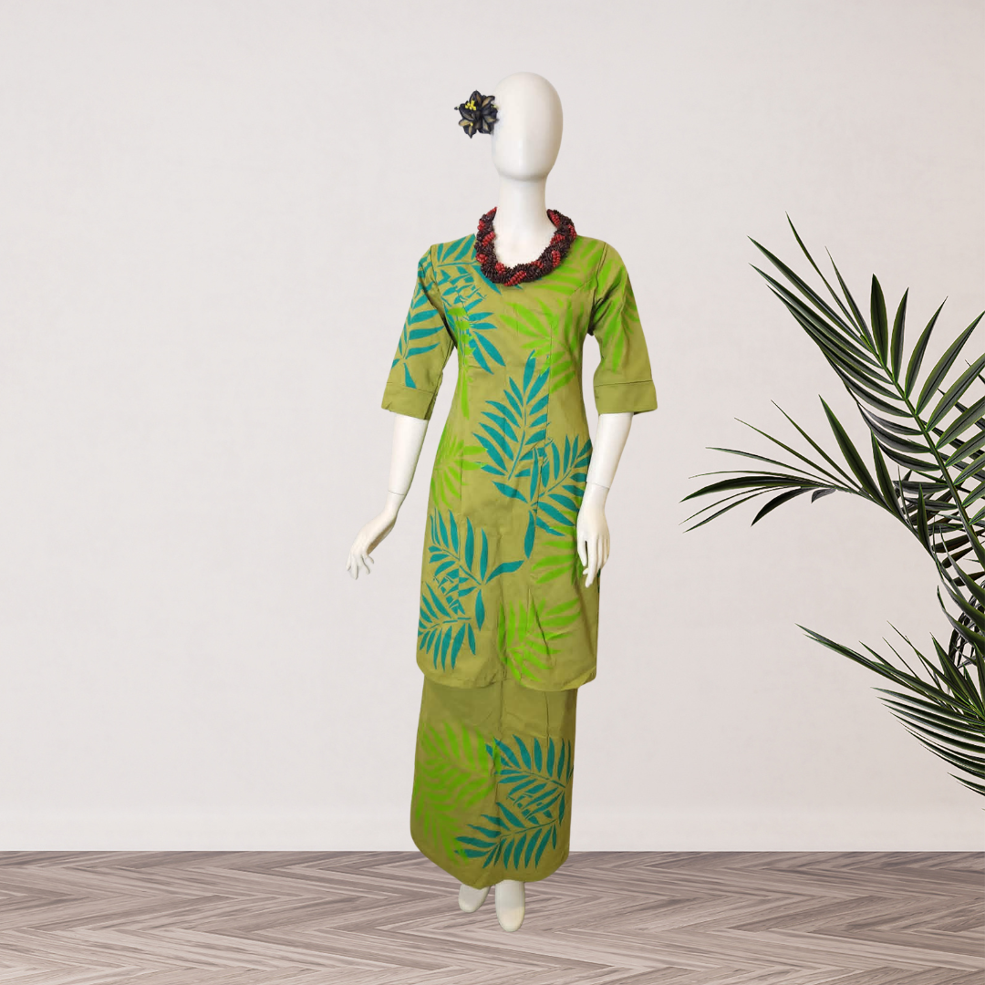 Olive Green Leaf Print Puletasi - Size 14