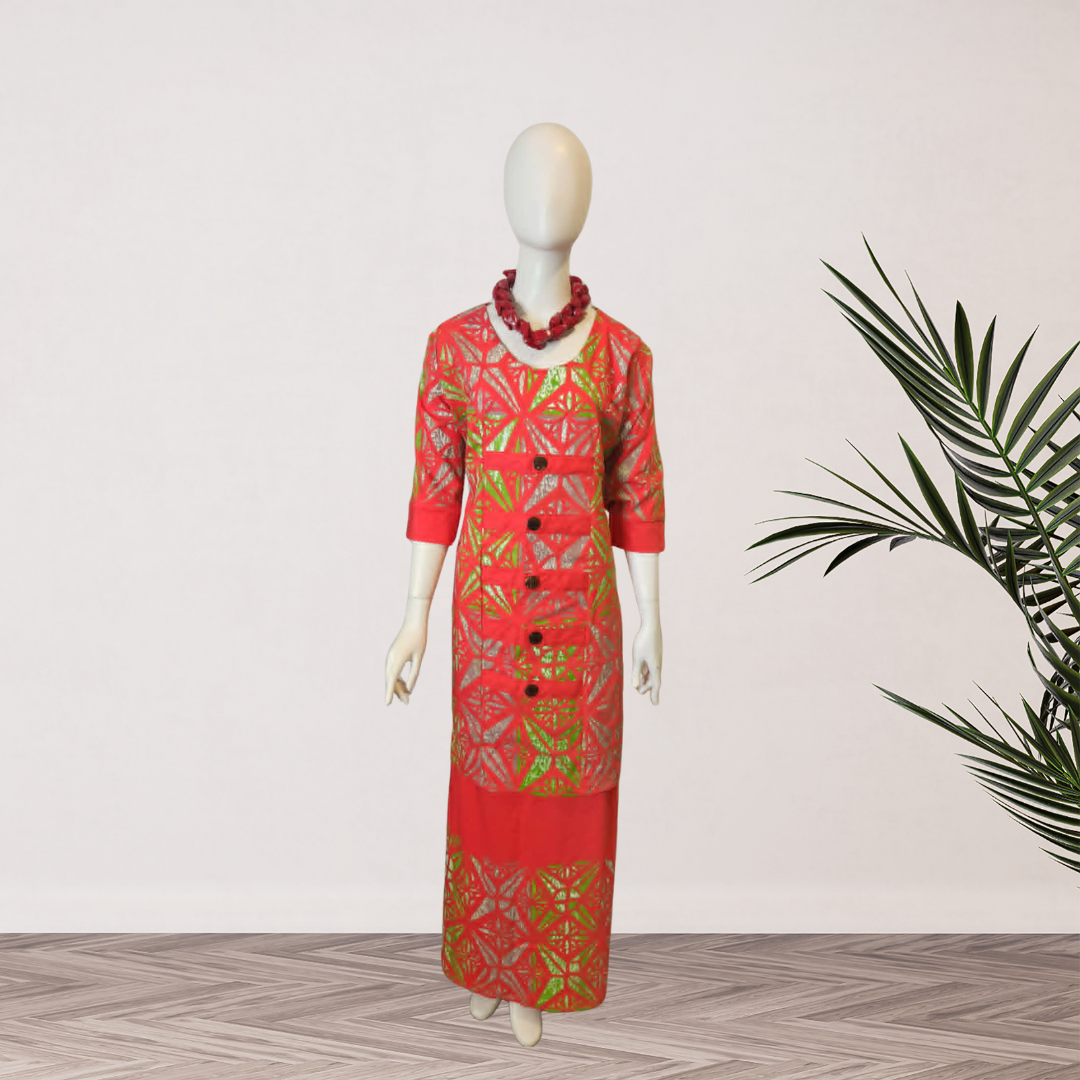 Red & Lime Geometric Elei Puletasi - Size 18